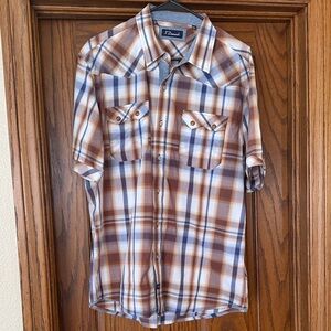 7 Diamonds Brown and Blue Plaid Casual Shirt